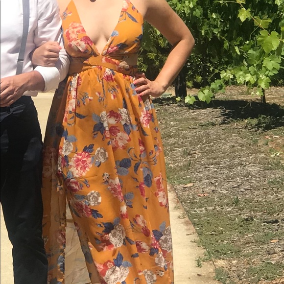 Yellow Floral Plunge Neck Long Dress - Summer Dress - Picture 7 of 8